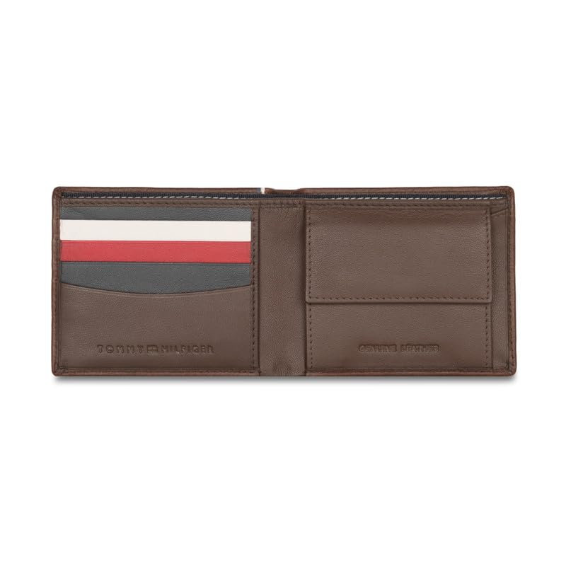 Image of Tommy Hilfiger Steuben Men Leather Global Coin Wallet - Brown | 4 Card Slots | 2 Compartments | 2 Pockets | Pebbled Textured Pattern | 6 Months Warranty