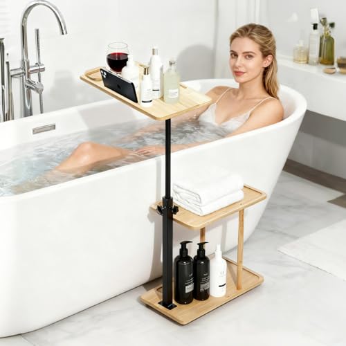 3 Layer Bathtub Tray Table,Bamboo Swivel Bathtub Side Table Height