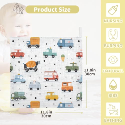 Image of vvfelixl Retro Truck Dots Baby Burp Cloths Baby Muslin Washcloths for Boys Girls Cotton Babys Face Towel for Newborn Soft 11.8 X 11.8 in, 5 Pack