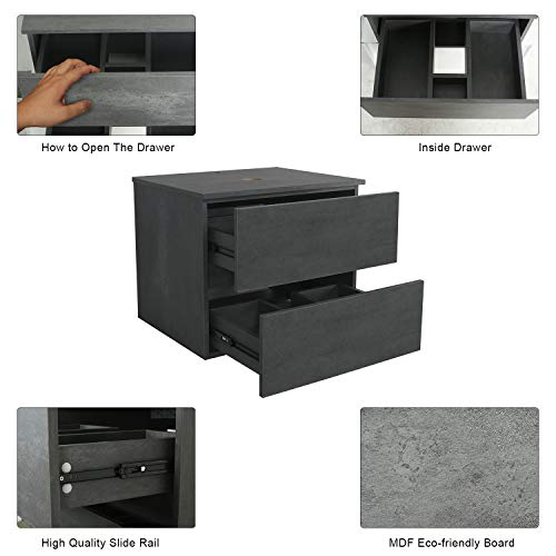 Eclife 24" Bathroom Vanity Sink Combo Wall Mounted Concrete Grey Cabinet Two Drawers Vanity Set White Ceramic Vessel Sink Top, W/Chrome Faucet, Pop Up Drain & Mirror (T03E02Cc) #TOP3