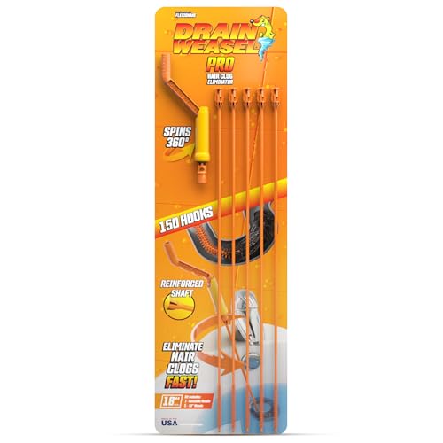 FlexiSnake Pro Drain Weasel Sink Snake Cleaner with New Molded Tip - 18″ - Drain Snake Clog Remover Tool with Rotating Handle & 5 Wand Refills - Easy to Use on Drains & Grates - Made in USA - 5-Pack