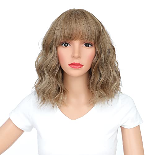 SWACC 12 Inch Short Curly Wavy Bob Wig with Bangs Synthetic Hair Wig for Women with Wig Cap (Brown Blond Highlights)