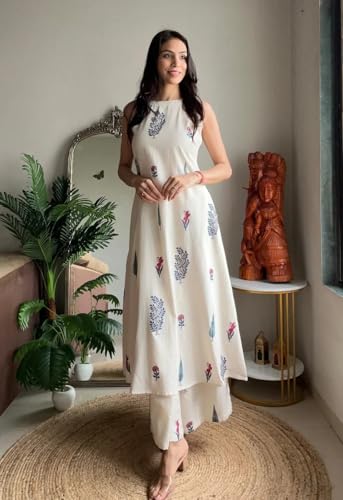 Image of Klosia Women Pure Cotton Kurta Palazzo Set | Sleeveless Printed Kurta with Palazzo Pants | Summer Friendly, Office Wear Co-Ord Set