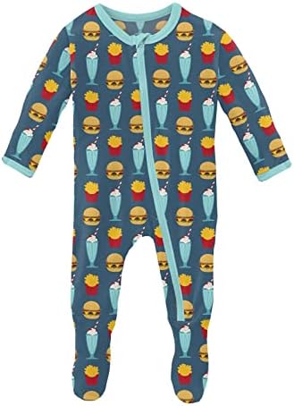 KicKee Pants Print Footie with Zipper, Fitted Long Sleeve Pajamas, Ultra Soft Everyday One-Piece Loungewear, Baby and Kid Clothes for Boys and Girls (Deep Sea Cheeseburger - 0-3 Months)