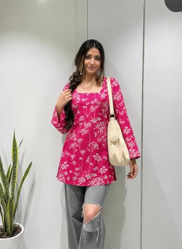 Image of SONISHA Women's Rayon Floral Print Short Kurti for Women Elegance Square Neck, Long Sleeves with Style Criss Cross Back Kurti, Top for Office Wear, Casual, Outdoor