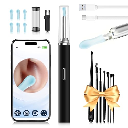 Ohrenschmalz Entferner Otoskop, Robofun Ohrenreiniger Mit Kamera, 1000W HD WiFi 360°-Weitwinkel Ohrreiniger mit 6 LEDs für iPhone, iPad und Android-Smartphones, für Baby Kinder Erwachsene (Schwarz)