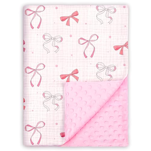 Image of Baby Blankets for Girls, Pink Bow Soft Nursery Minky Blanket with Muslin Cotton Front and Dotted Fleece Backing Lightweight Bed Throw Blanket 30 x 40 Inches