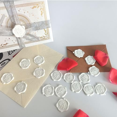 50 Pcs Adhesive White Rose Wax Seal Stickers, Roses Seal for Envelope, Easy to Use and Good Adhesion White Envelope Stickers, Wedding Invitation Accessories