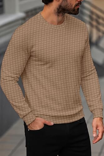 Image of KAJARU Quilted Pattern Long Sleeve Sweatshirt, Round Neck, Men's Casual Pullover, Grey, Black, Beige