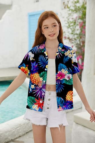 Image of SANGTREE Girls & Women's Hawaiian Shirts Button Down Short Sleeve Floral Tropical Shirt Beach Vacation Blouse Tops