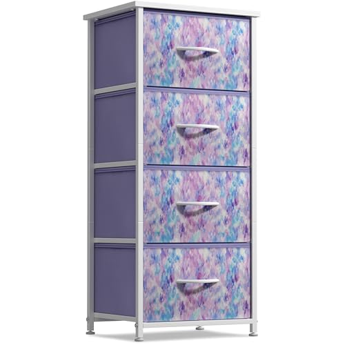 Sorbus Dresser Storage Tower, Organizer Drawers For Closet Boys & Girls Bedroom Bedside Furniture, Chest for Home, College Dorm, Steel Frame, Wood Top, Tie-dye Fabric Bins (4-Drawer, Blue/Pink/Purple)