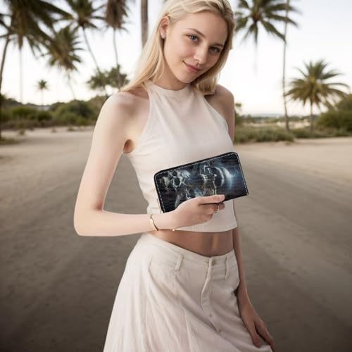 Wallet,Large Capacity RFID Blocking Leather Wallet, Durable Smooth Zipper Clutch,Unisex Travel Wallet for Cards,Cash,and Coins,Skull Smoke 6