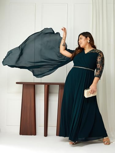 Image of Miss Chase A+ Women's Floral Printed Relaxed Fit V -Neck 3 /4Th Sleeve Georgette Maxi Dress