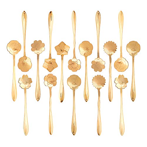 Snamonkia Juego de 16 cucharas de postre de acero inoxidable para café, helado y té, cucharas de azúcar de flores de 4,9 pulgadas para café café expreso (dorado)