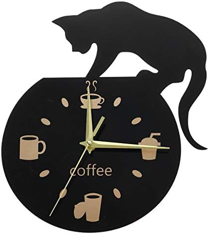 WINOMO Silent Cartoon Wall Clock Cute Climbing Cat for Drinking Coffee Clock Wall Decoration Cup Coffee Clock
