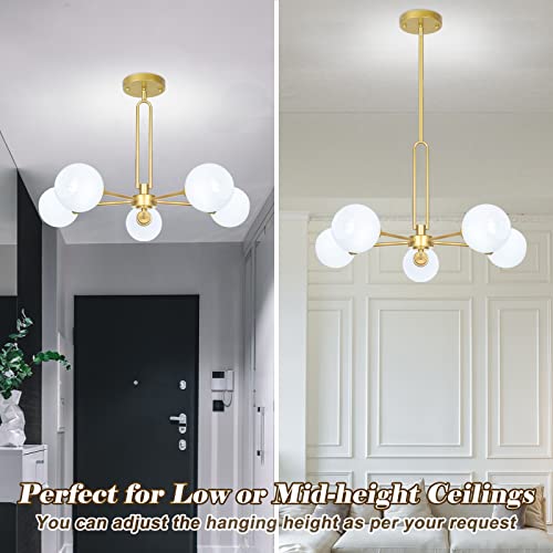 Globe Chandelier Pendant Lighting, 5-Light Gold Kitchen Light Fixtures, Mid-Century Modern Large Semi-Flush Ceiling Light Fixture With Frosted Globe Glass For Dining Room Living Room Bedroom Brass #TOP5