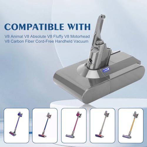 Image of Upgraded 21.6V 8000mAh Lithium-ion Replacement for V8 Battery 21.6 Volt 8.0A Compatible with V8 Battery Absolute Animal Motorhead Fluffy Carbon Fiber Vacuum SV10 Vacuum Cordless Power Tools (Silver)