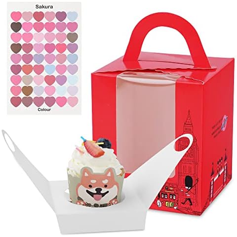 wintfarm 50 PCS Single Cupcake Boxes Cupcake Carrier with Handle, Window, Individual Cupcake Box Bakery Boxes Mini Cavity Cake Boxes Party Favors(British) Cover