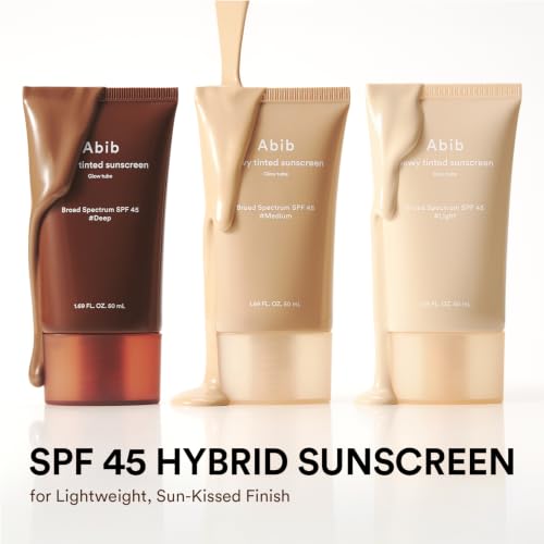 Image of Abib Dewy Tinted Sunscreen SPF 45 (Light) UV Broad Spectrum, Daily Face Moisturizer, Skincare Infused Glow Tube, Mineral&Chemical Hybrid Filter, Lightweight Natural Coverage Korean Skincare 1.69 fl oz