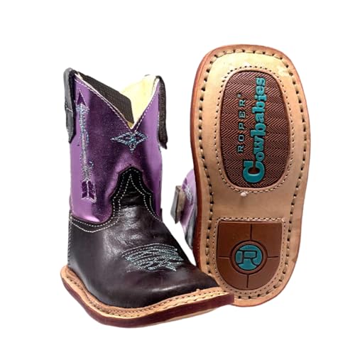 ROPER Infants Cowbabies Western Boots, Brown Leather Vamp with Metallic Purple Shaft, Arrow Embroidery, 3.5 Inch Shaft, - Main Image