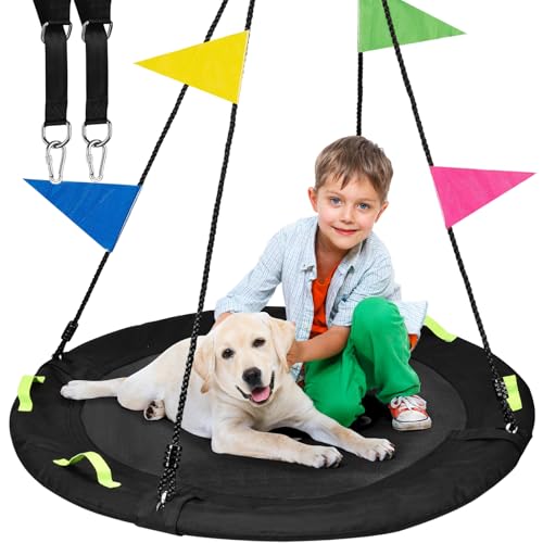 Image of HeyZoo Tree Swing, 40 Inch Saucer Swing, Outdoor Swing, Black