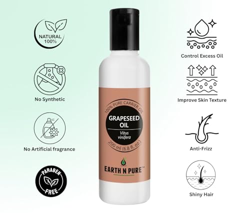 Image of Earth N Pure Grapeseed Oil | 100% Pure & Natural | Cold Pressed Carrier Oil | Lightweight & Fast-Absorbing | For Skin, Hair & Massage | 200ml