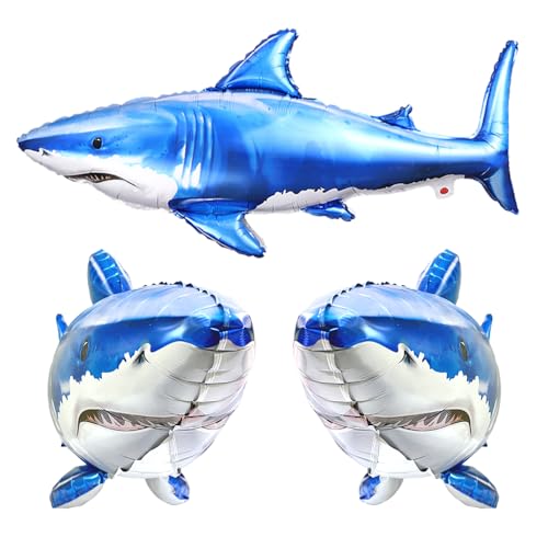 3Pcs Shark Party Decorations Balloons Large 36inch Inflatble Shark Foil Balloon for Under The Sea Ocean Theme Birthday Party Fish Creature Banquet Supplies