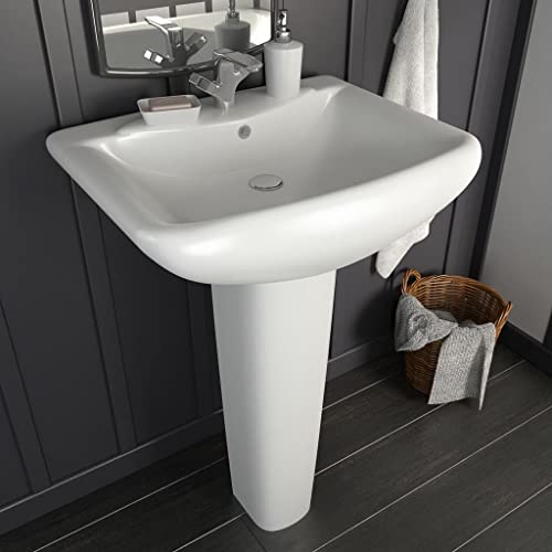 Qnhdfrt Lavabo de pie con columna de cerámica esmaltada, diseño moderno, color blanco, 580 x 470 x 200 mm, para cuarto de baño, invitados, aseo y lavabo