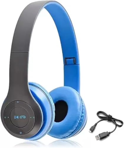 Image of Wireless Bluetooth Headphones with AUX Support | Comfortable Ear Pads | Over-Ear Foldable Headset with Mic | Compatible with Mobile, Laptop, Tablet-Blue