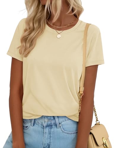 YUCOLEN T Shirts for Women Short Sleeve Crewneck Cotton Tops Summer UPF 50+ Casual Breathable Basic Tee Tshirt Light Apricot XL