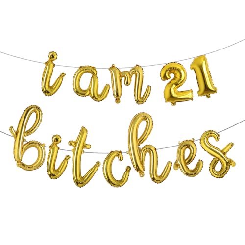 Juego de fiesta de cumpleaños número 21 con texto en inglés 'I am 21 Bitches', globos multicolor para niñas de 21 años, decoración de cumpleaños (L I AM 21 BITCHES dorado)