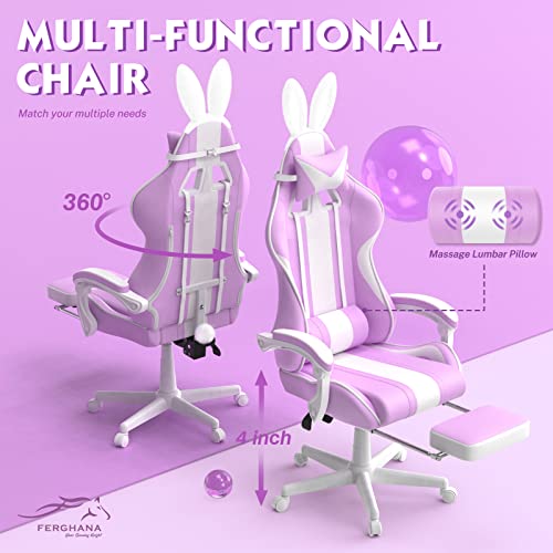 Ferghana Purple Gaming Chair With Bunny Ear, Cute Massage Gaming Chairs For Adults & Teens, Office Pc Gamer Chair With Footrest, Kawaii Computer Game Chair For Girls, Racing Reclining Silla Gamer #TOP5