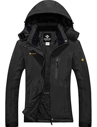 GEMYSE Damen Wasserdichte Berg-Skijacke Winddichte Fleece Winterjacke mit Kapuze (Schwarz,M)