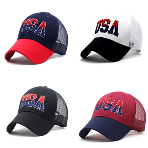 HQWHBU 4 Pack Patriotic American Flag Mesh Trucker Hat Embroidered Baseball Cap for Men Women Black