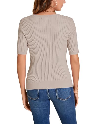 Image of Women Summer Knit Shirt Blouse V Neck Short Sleeve Pullover Sweater Tops