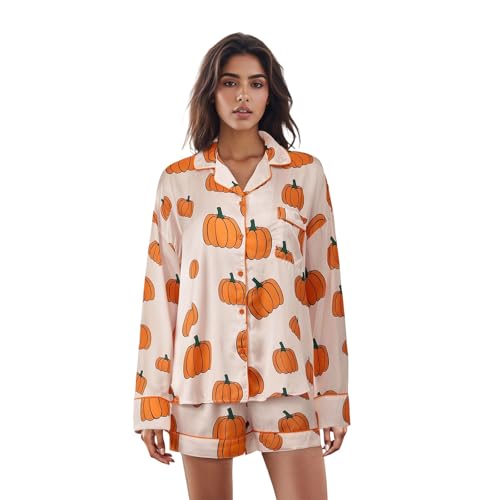 LYSINK Women Halloween Pajamas Lounge Set Pumpkin/Skull Print Long Sleeve Tops and Shorts 2 Piece Loungewear Outfits (Ba Yellow S)