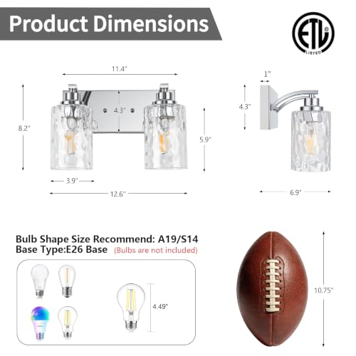 Image of 2-Light Bathroom Light Fixtures Modern Chrome Vanity Lights | Easy to Install Clear Hammered Glass Shades, Rippled Glow, Wall Mount Up or Down, E26 Socket, Hardwired, 120V