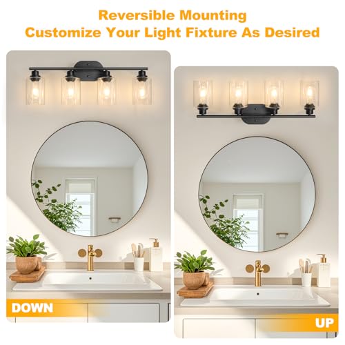Image of Unicozin Bathroom Light Fixtures, 4 Light Vanity Lights for Bathroom, Black Wall Lamp with Clear Glass for Mirror, Living Room, Hallway, Cabinet, E26 Base
