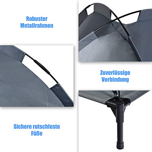 GOPLUS Hundeliege mit Dach, Erhöhtes Hundebett, Haustierbett mit Eisenrahmen, Wasserdichtes Hundesofa, Katzenbett mit Sonnensegel, rutschfeste Fußpolster, für Indoor & Outdoor (90x81x86cm)