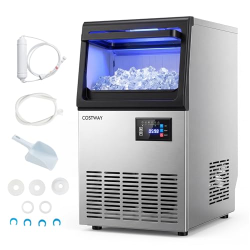 COSTWAY Commercial Spray-Type Machine à glaçons 80 Lbs/24H Machine à glace en acier inoxydable avec 30 LBS Boîte de rangement, fonction d'auto-nettoyage, épaisseur de glace réglable pour le bureau du bar à domicile