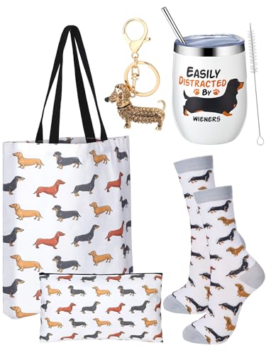Abbylike Dachshund Gifts for Women Dachshund Tote Bag Cosmetic Bag Cup Keychain and Socks for Dog Lover Mom