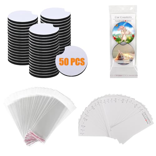 100Pcs Sublimation Car Coasters Blanks Set, 50 Pcs 2.75/0.25 in Neoprene Round Opening Sublimation Coasters, 25Pcs Self-Seal Bags & 25Pcs Car Coaster Display Cards for Sublimation DIY Funny Crafts