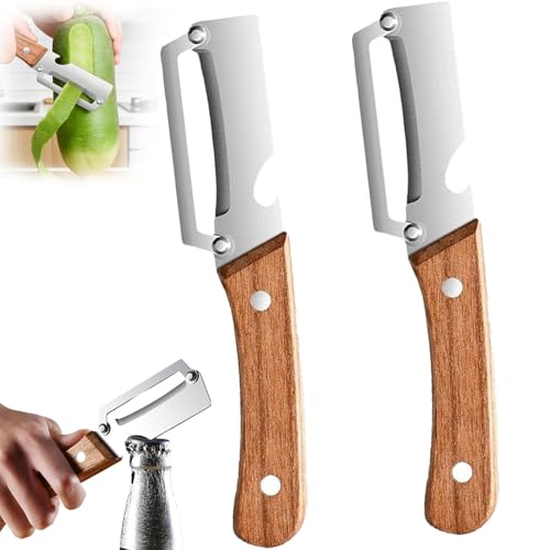 2 Stück Schäler Zero Snag Holzschäler Zero Snag Schäler aus Edelstahl Multifunktionaler Gemüseschäler Sparschäler mit Holzgriff & integriertem Flaschenöffner für Obst Gemüse & Fleischscheiben