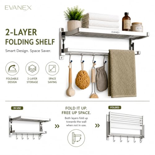 Image of EVANEX Towel Rack for Bathroom 304 Stainless Steel Towel Holder 24 Inch Folding Towel Rack with Shelf Wall Mounted Chrome Finish Bathroom Organizer, Bathroom Accessories Set