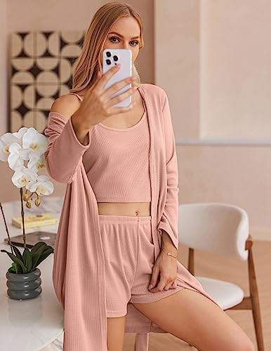 Image of Ekouaer Pajamas for Women Set 3 Piece Lounge Set Soft Pajama Sets Waffle Knit Tank Top and Shorts Cardigan with Pockets S-XXL