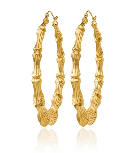 14K Solid Yellow Gold Bamboo Round Extra Large Hoop Earrings3