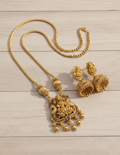 Image of Traditional Gold-Plated Lakshmi Temple Pendant Necklace Set for Women | Antique South Indian Jewelry with Jhumka Earrings | Ethnic Bridal, Wedding & Festive Jewelry Set
