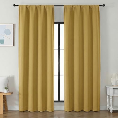 Image of Simplebrand Ava Bright Gold Blackout Curtains for Bedroom 90 Inches Long 2 Panels Set, Solid Privacy Energy Saving Living Room Window Treatment Curtains Blackout Drapes, W50 x L90 Inch, Bright Gold
