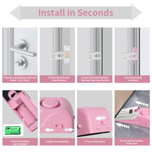 Portable Door Lock & Door Stop Alarm Set, Dual Protection Home Security Door Kit, Travel Hotel Door Lock Devices Pocket Self Defensey Tools for Traveling Hotel Home Apartment,Pink by HNHMT - Used condition - Image 6