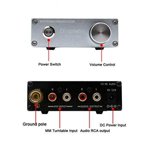 Dilvpoetry Phono Box MM Phono Preamp Preamplifier Amp HiFi Turntable Amplifier Phonograph Audio Pre amp Record Player with DC12V(Silver) - Thumbnail 3